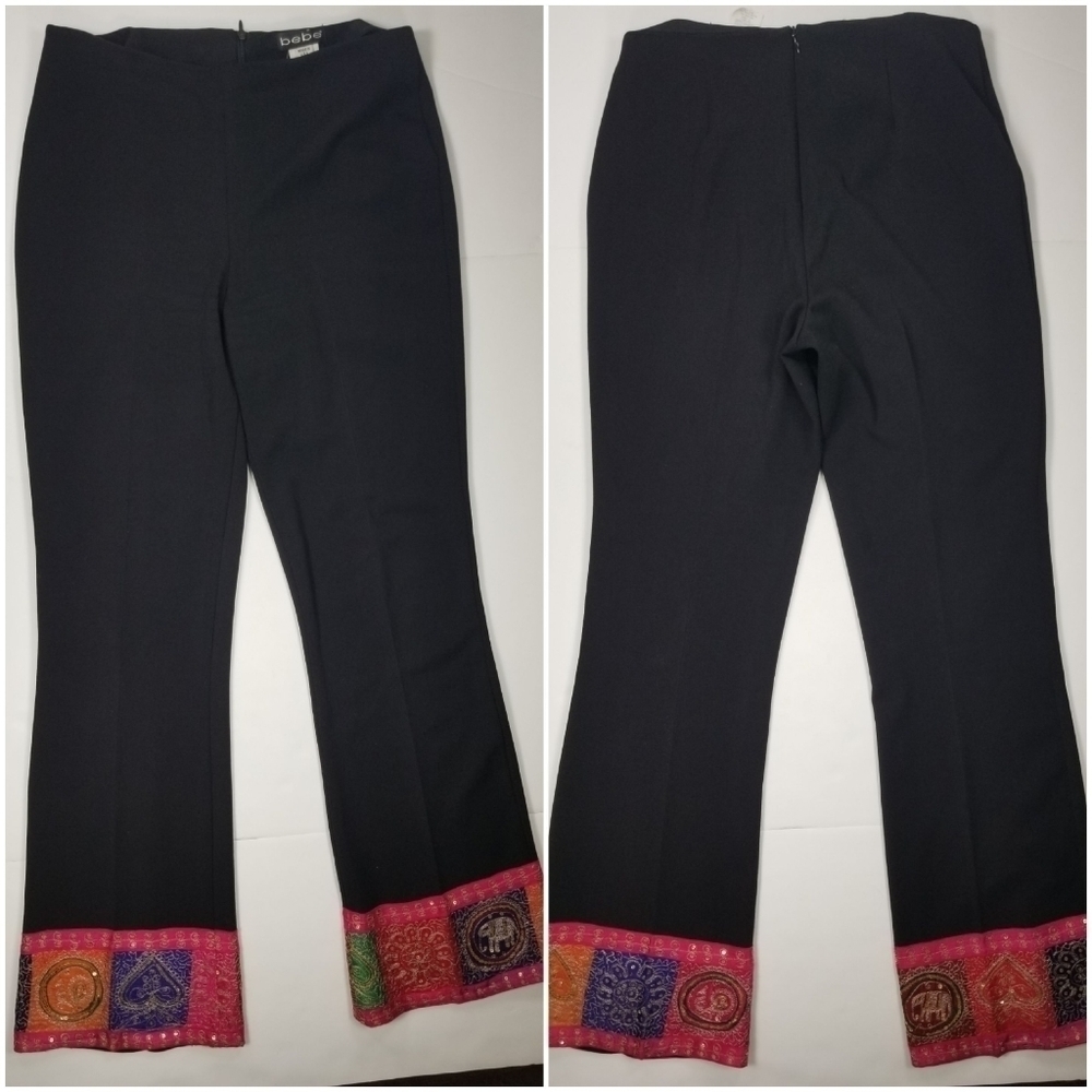 Bebe Boho Beaded Y2K Capri Trouser Pants Sz 8 Retro 90s 00's Office Siren Black